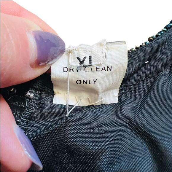 Vintage 80s 90s Floral Beaded Sequin Silk Long Sleeve Black Sheath Dress size L - Picture 14 of 15